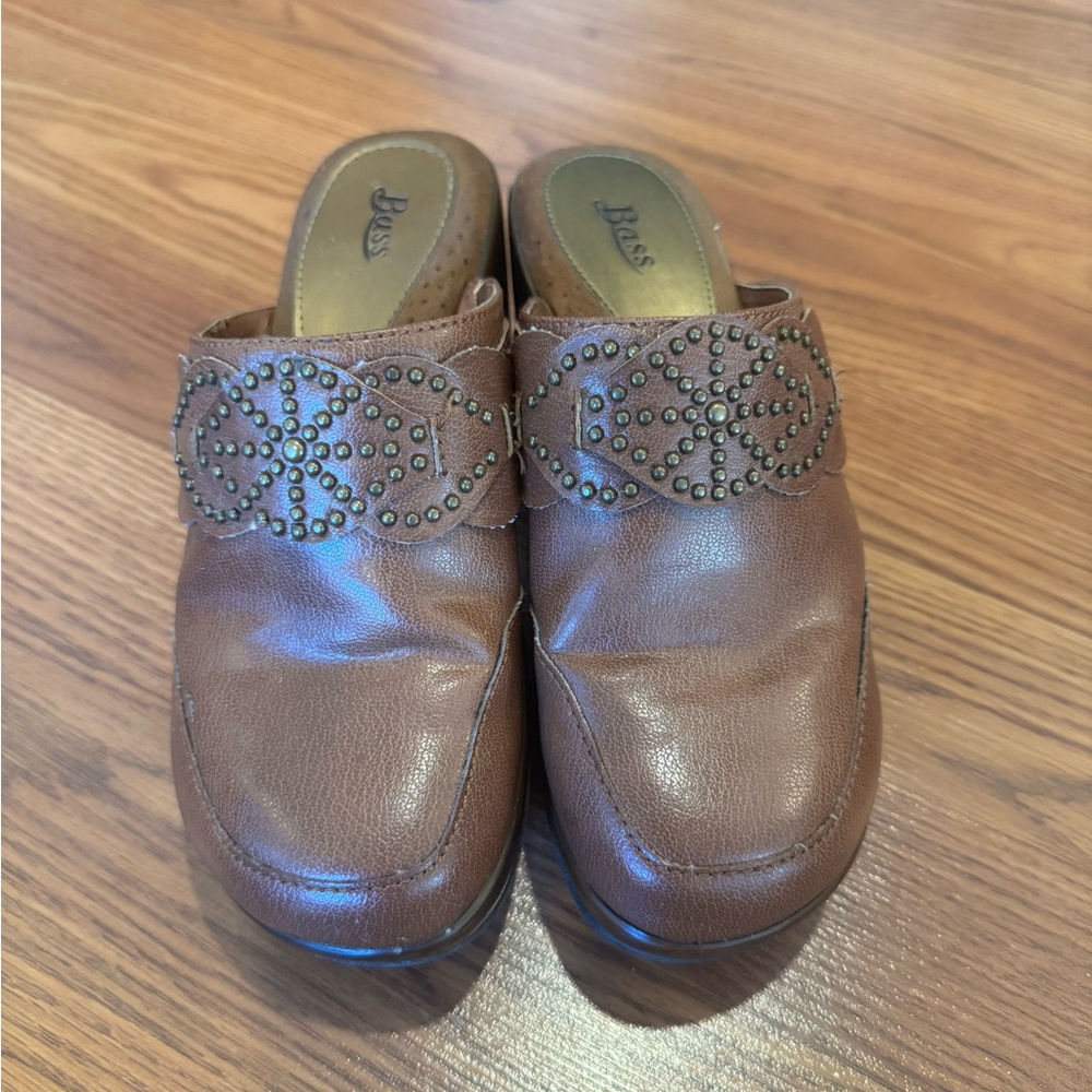 Bass Brown Leather Mules with Stud Accents